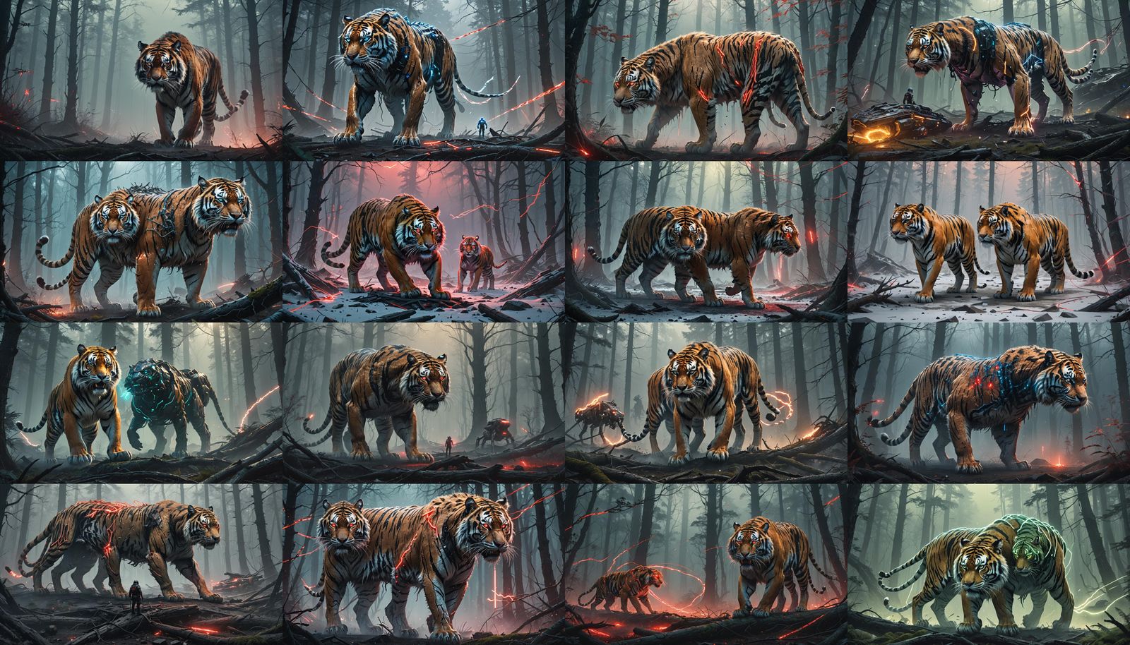 Cybernetic Siberian Tiger Victory in Misty Forest