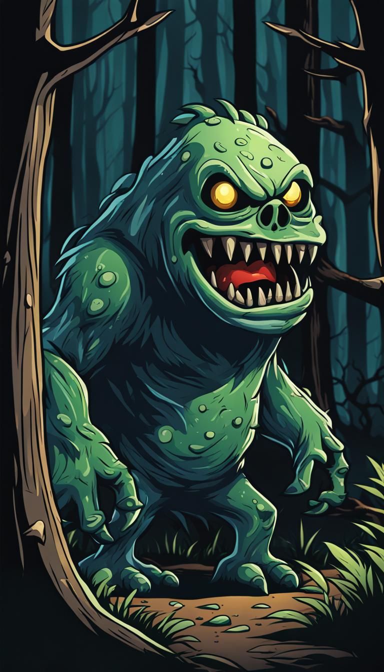 Scary Cartoon Monster in a Dark Horror Forest
