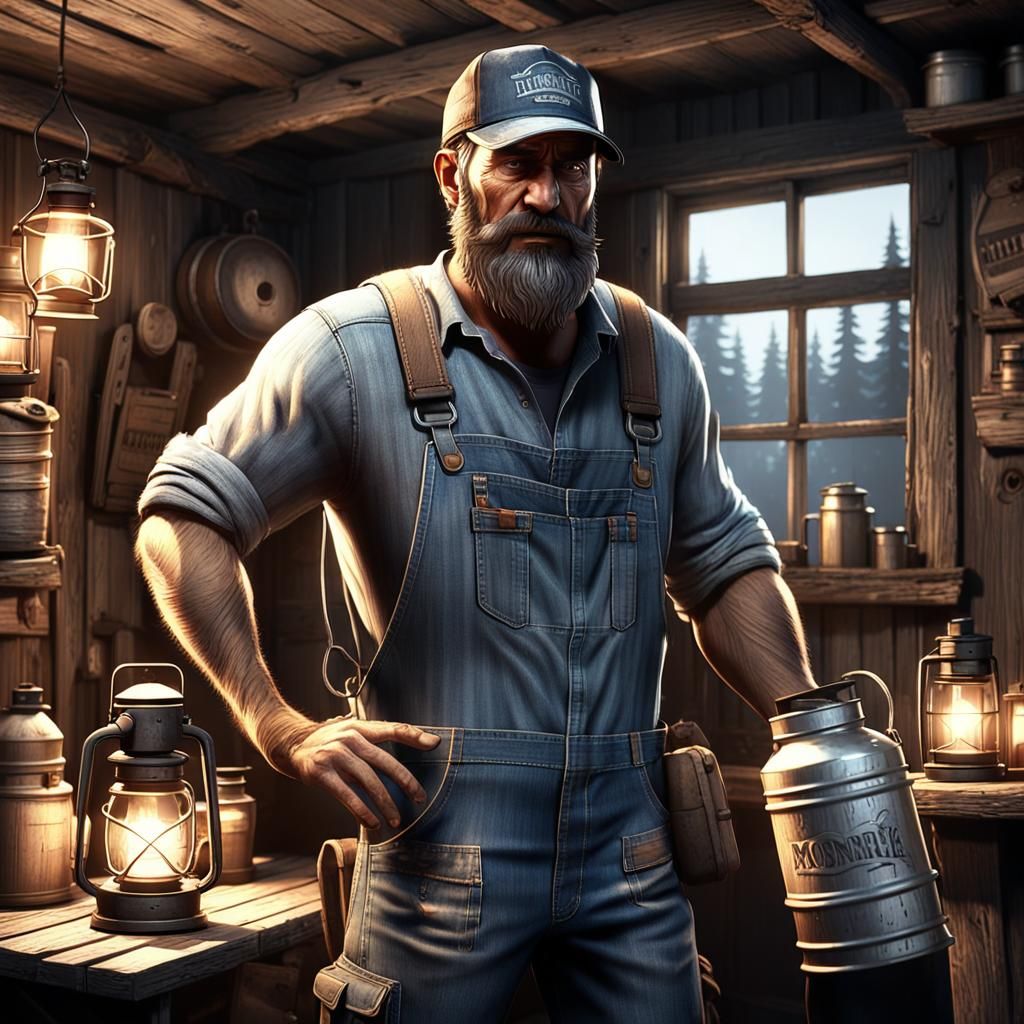 Man with Moonshine Jug in Cabin: 3D Rendered Concept Art