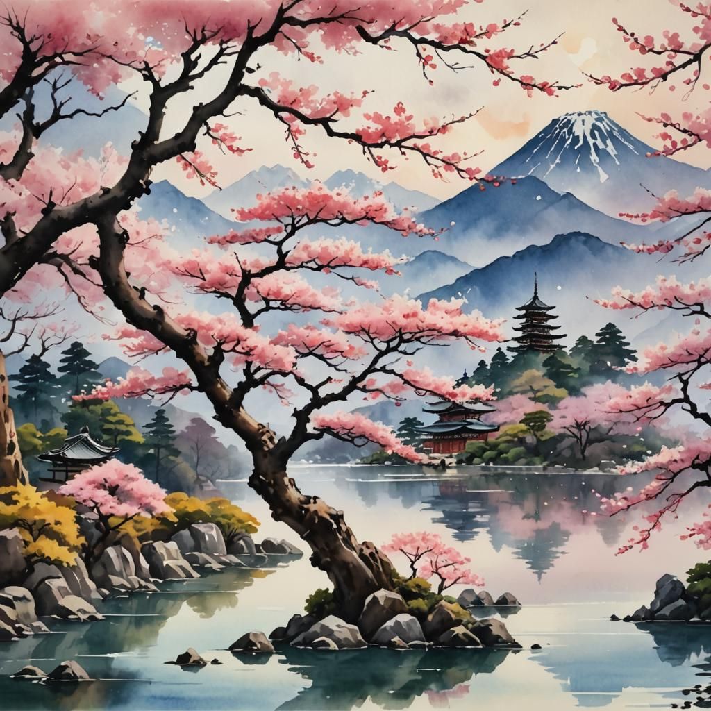 Sakura Tree by Lake: Romantic Watercolor Landscape