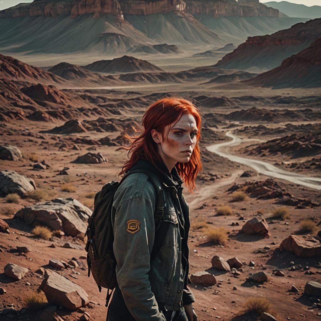 Wasteland Woman with Red Hair in Rock Grunge Style