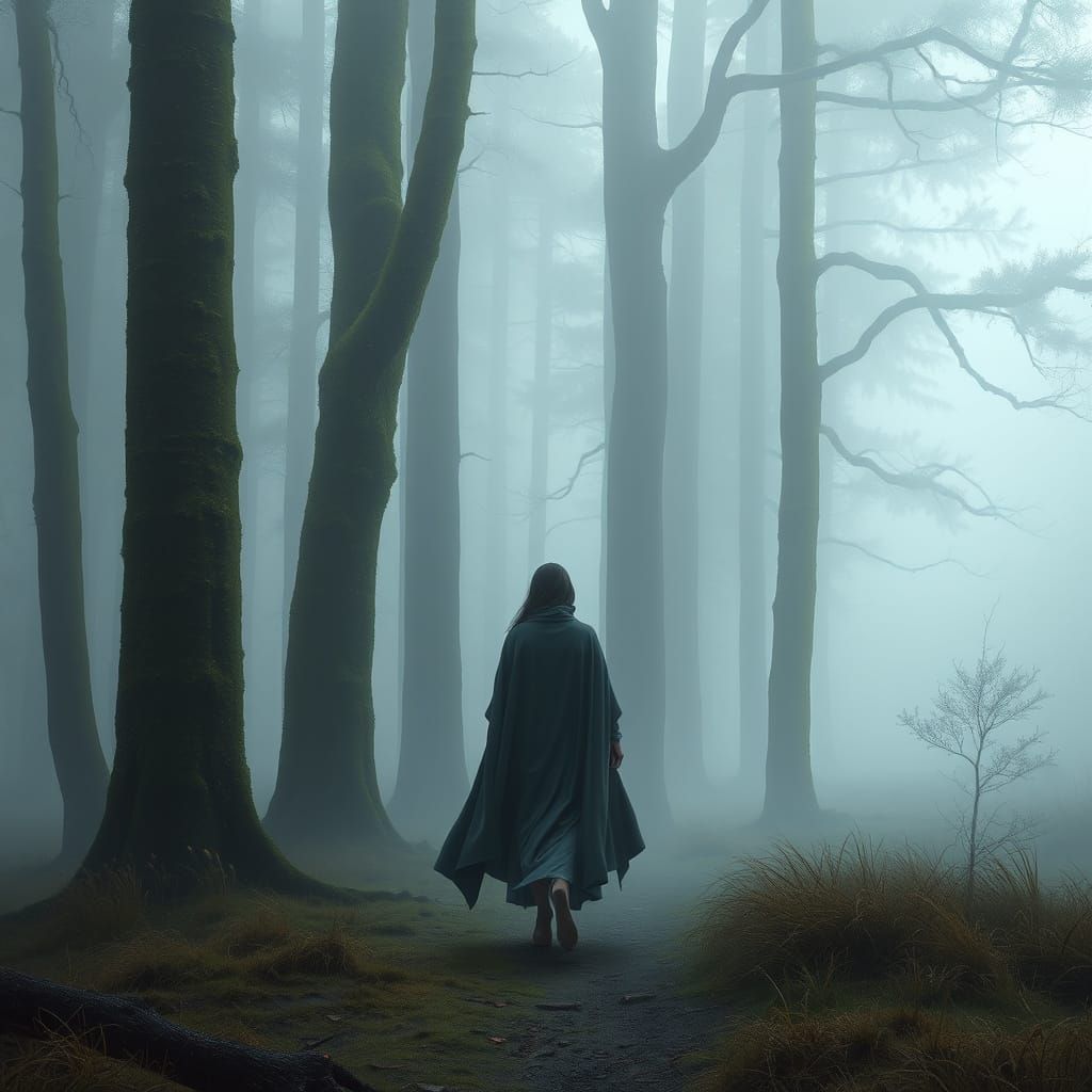 Mystical Woman in Foggy Forest, Ethereal Digital Art