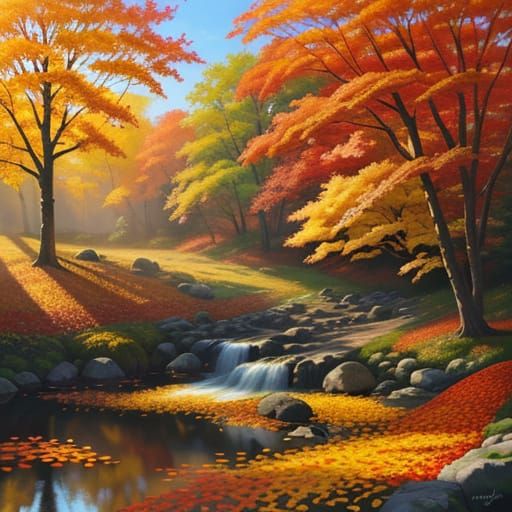 Vibrant Autumn Landscape Painting with Golden Sunlight
