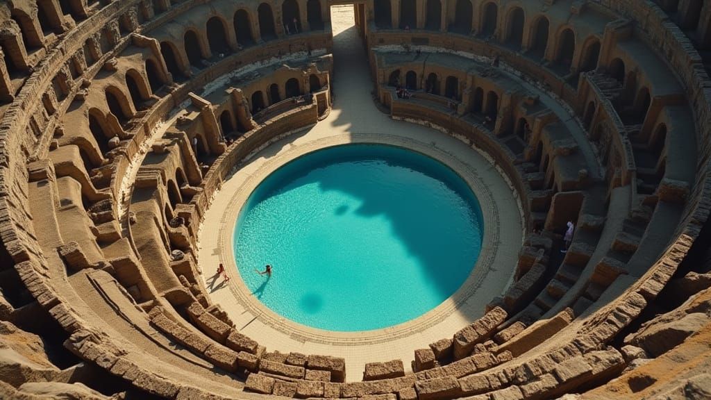 Roman Colosseum with Swimming Pool: Cinematic Aerial View