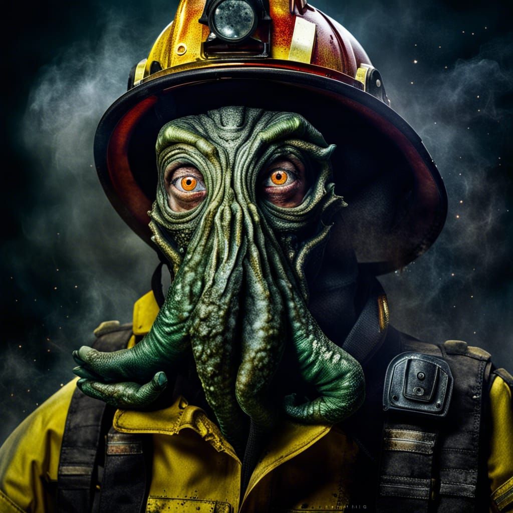 Lovecraftian Firefighter Portrait in Professional Photograph...