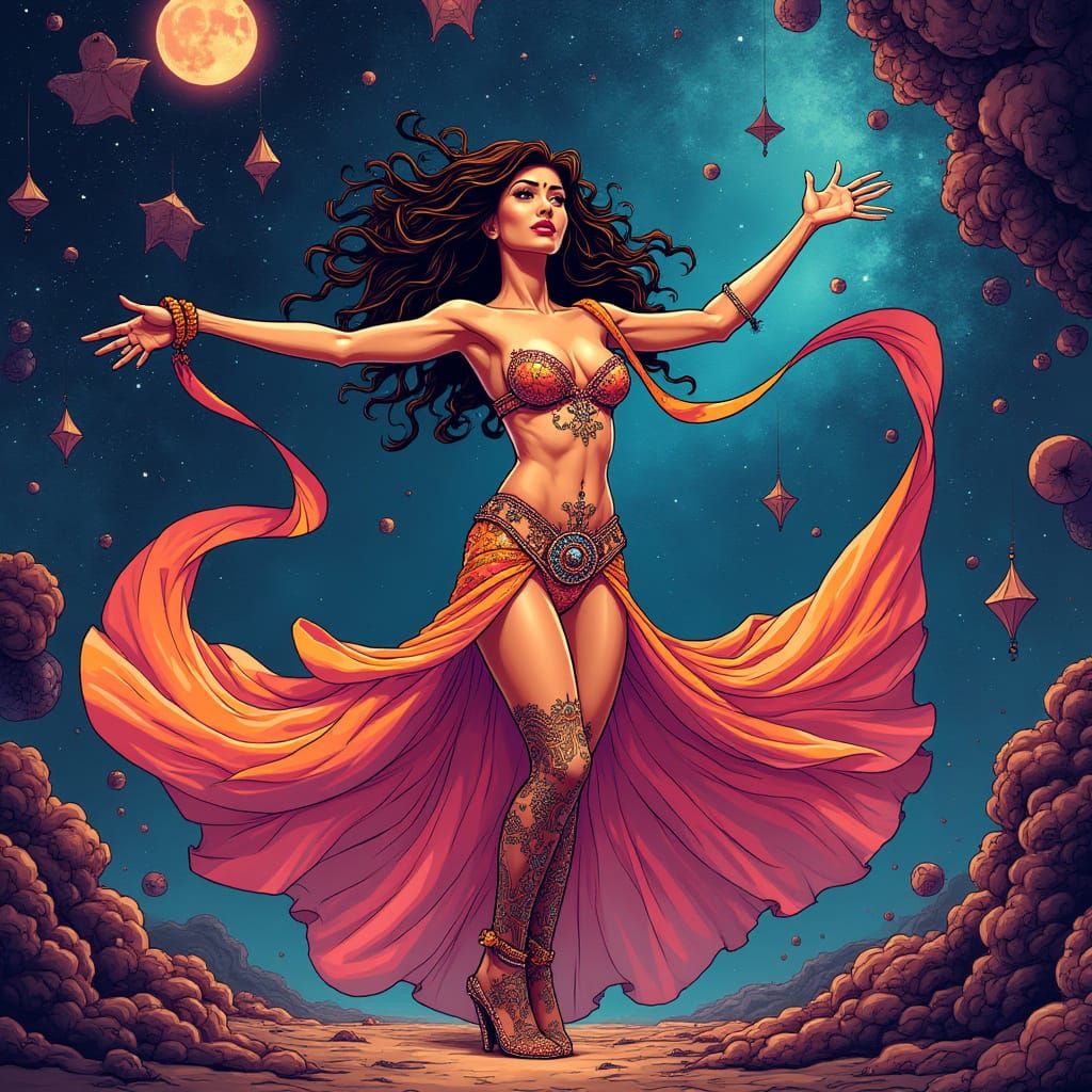 Belly Dancer in Comic Book Style Amidst Surreal Cosmic Lands...