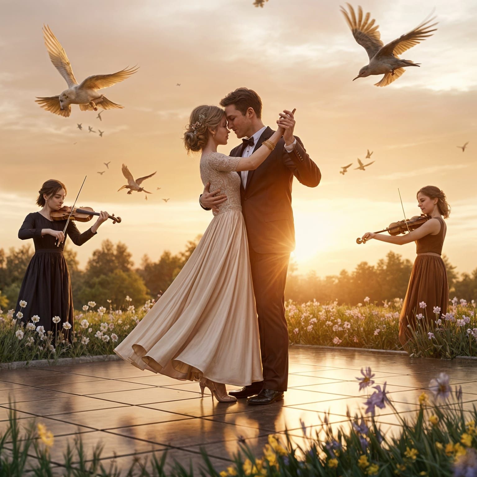 Romantic Couple Dances Under Golden Sunset
