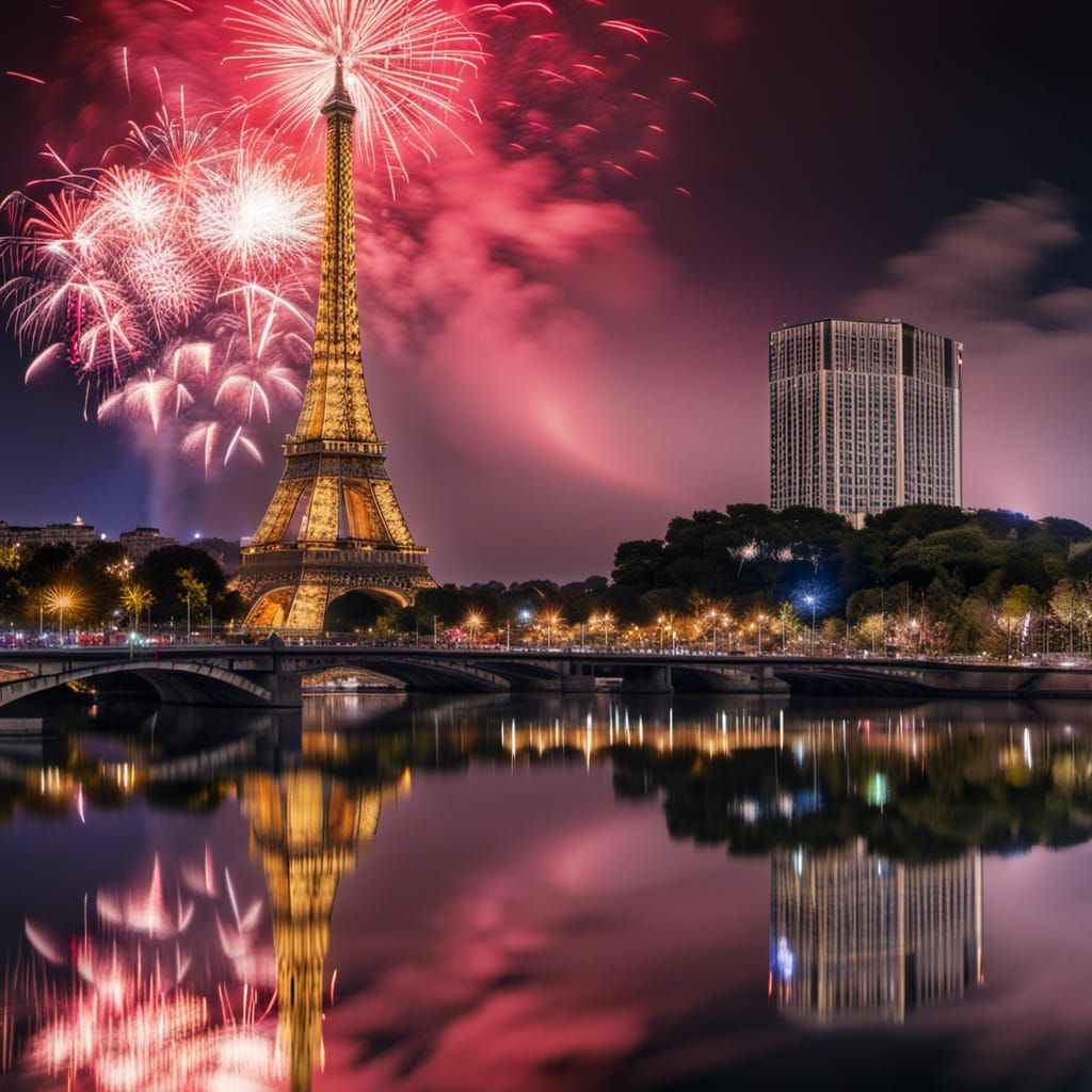Eiffel Tower Fireworks Reflecting in Lake