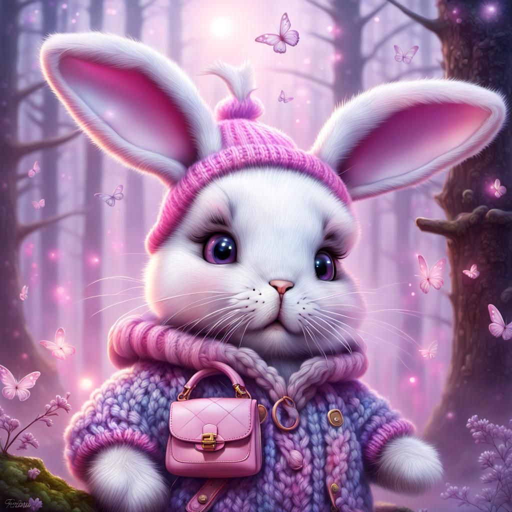 pink cute bunny in a knitted hat, in the midst of flickering...