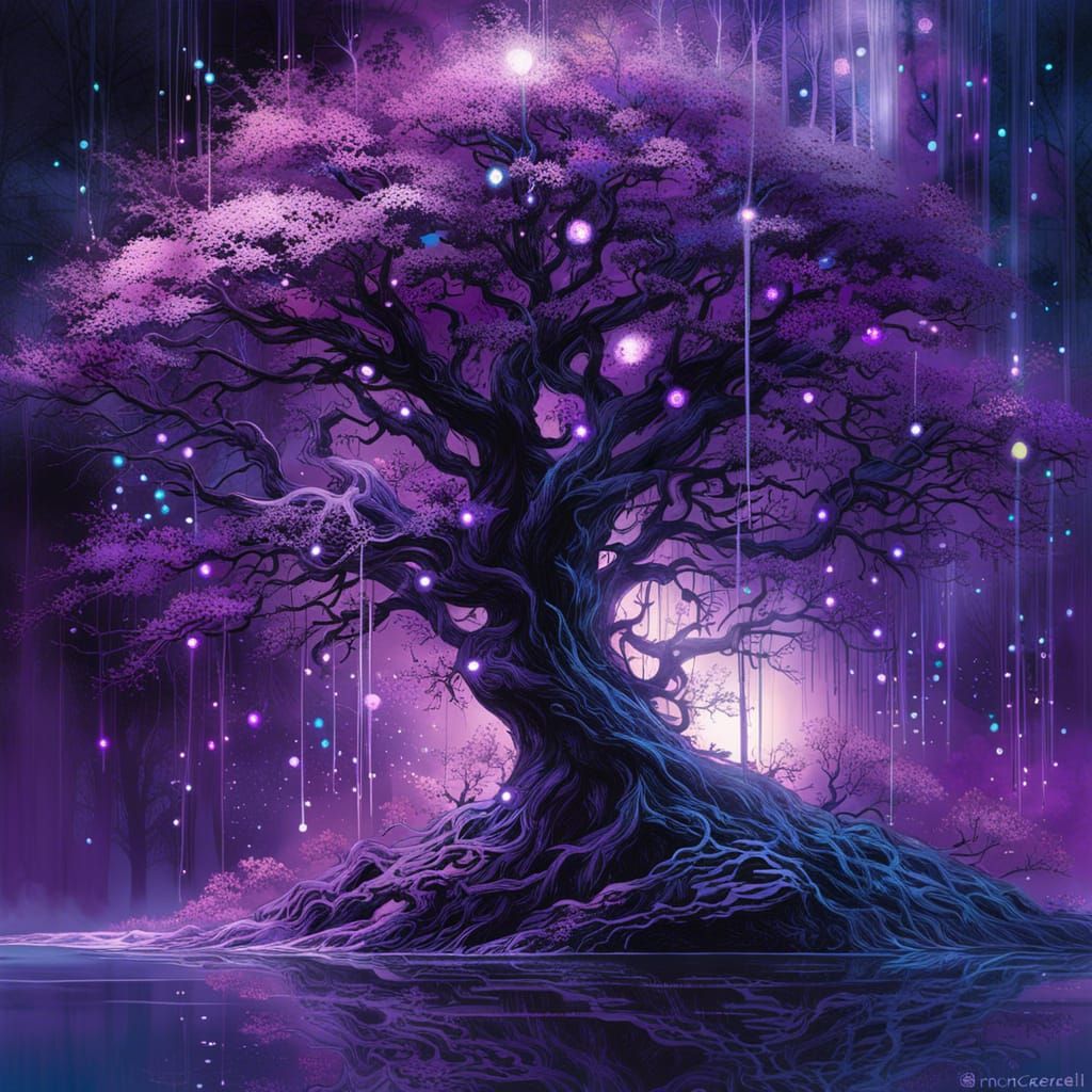 Bioluminescent Purple Tree in Galactic Glow