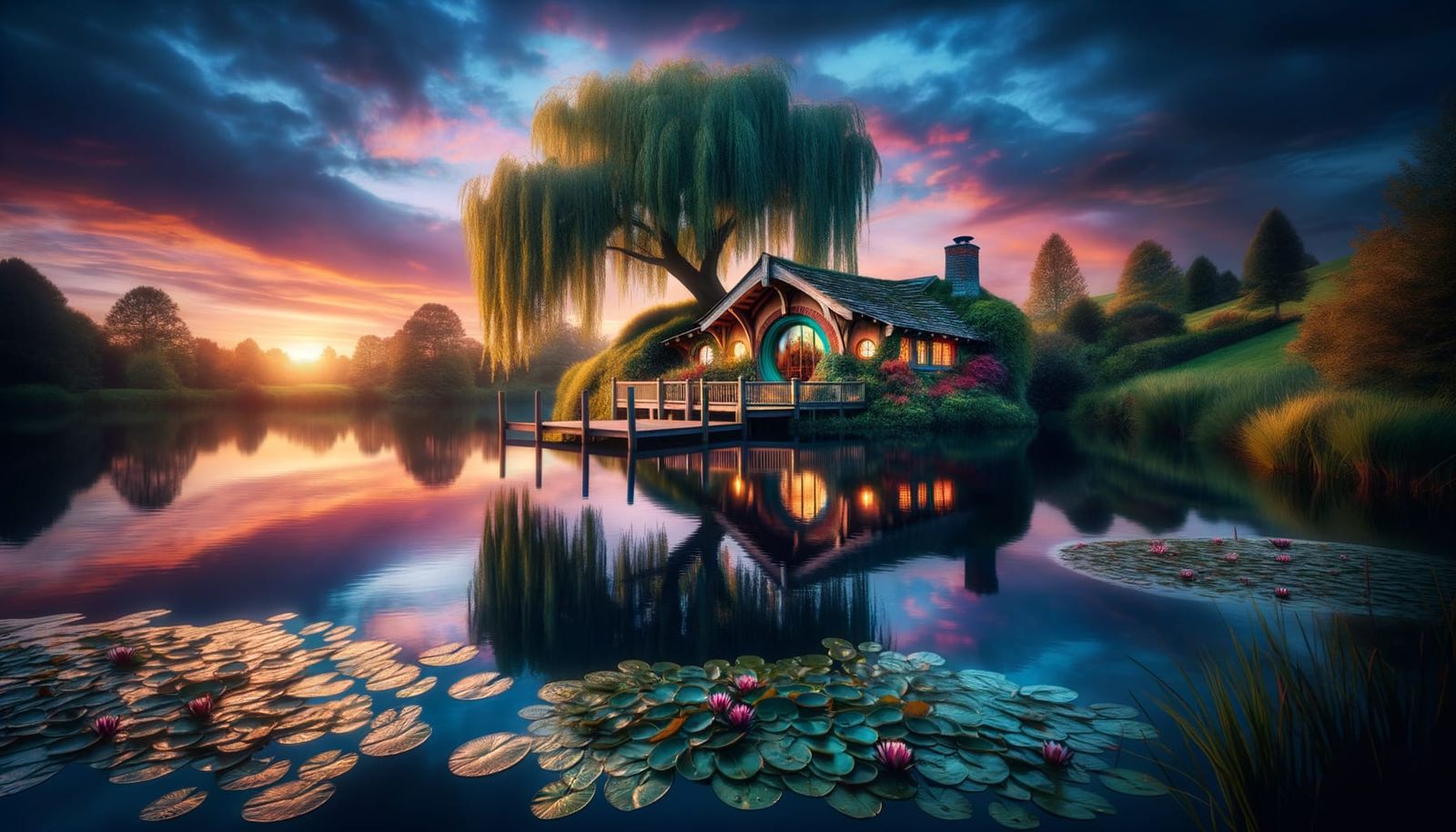 Hobbit-Hole at Dusk Reflected in Pond