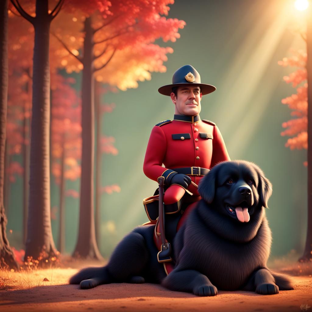 Mountie Rides Newfoundland Dog: 3D Digital Art