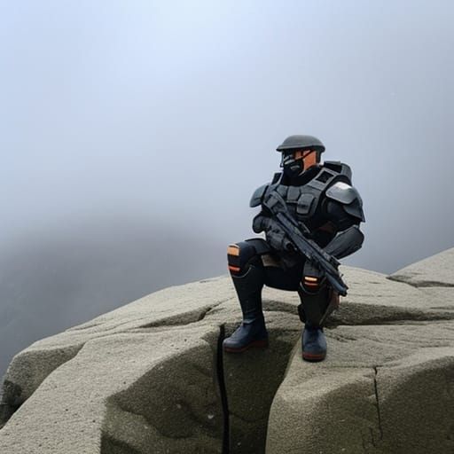 Halo Spartan Contemplates Rainy Cliffside View