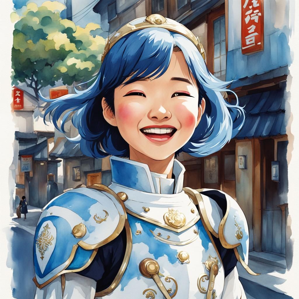 Laughing Girl in Armor: Ghibli-Style Watercolor