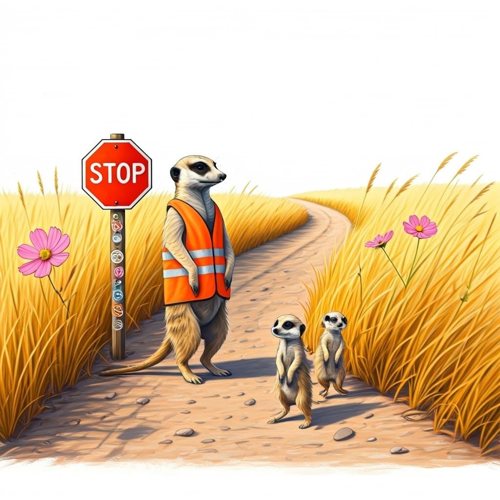 Whimsical Meerkat Crossing Guard in a Bright Orange Vest