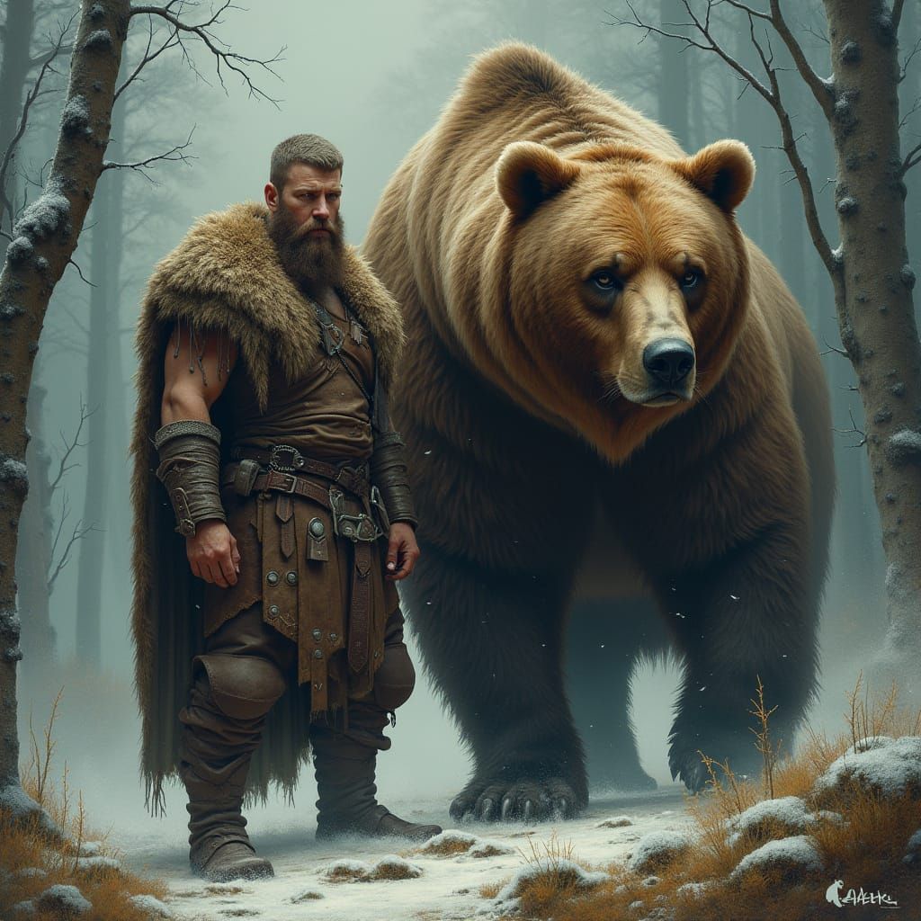 Viking Warrior and Brown Bear in Nordic Forest