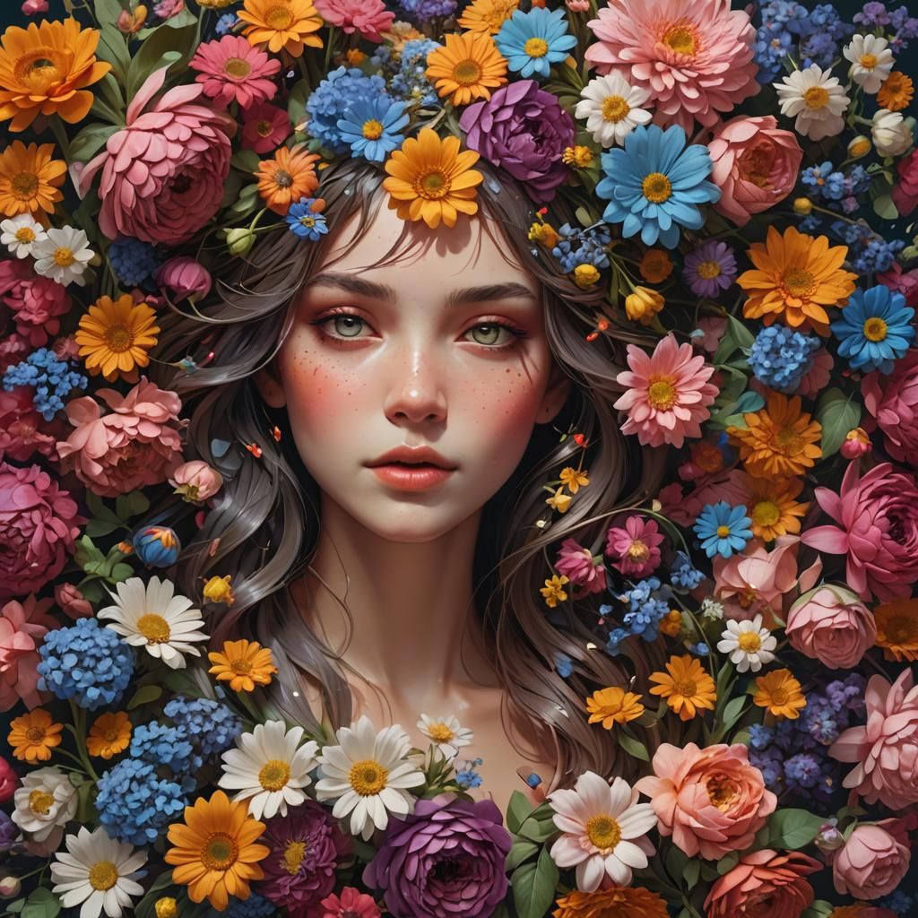 Colorful Flowers Flatlay in Artstation Style