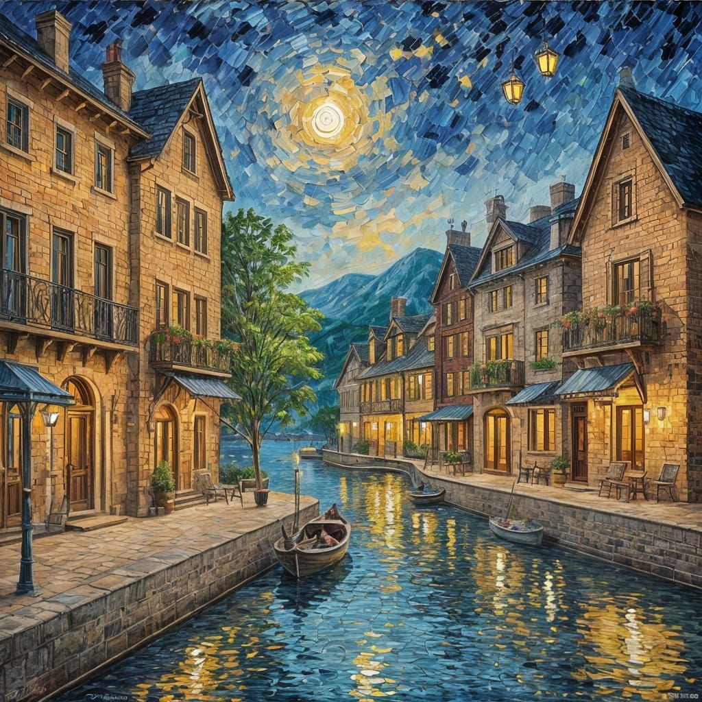 Lakeside Mansion at Night in Neo-Impressionist Style