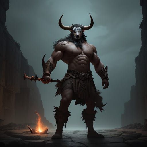 Mythical Minotaur in Ancient Labyrinth