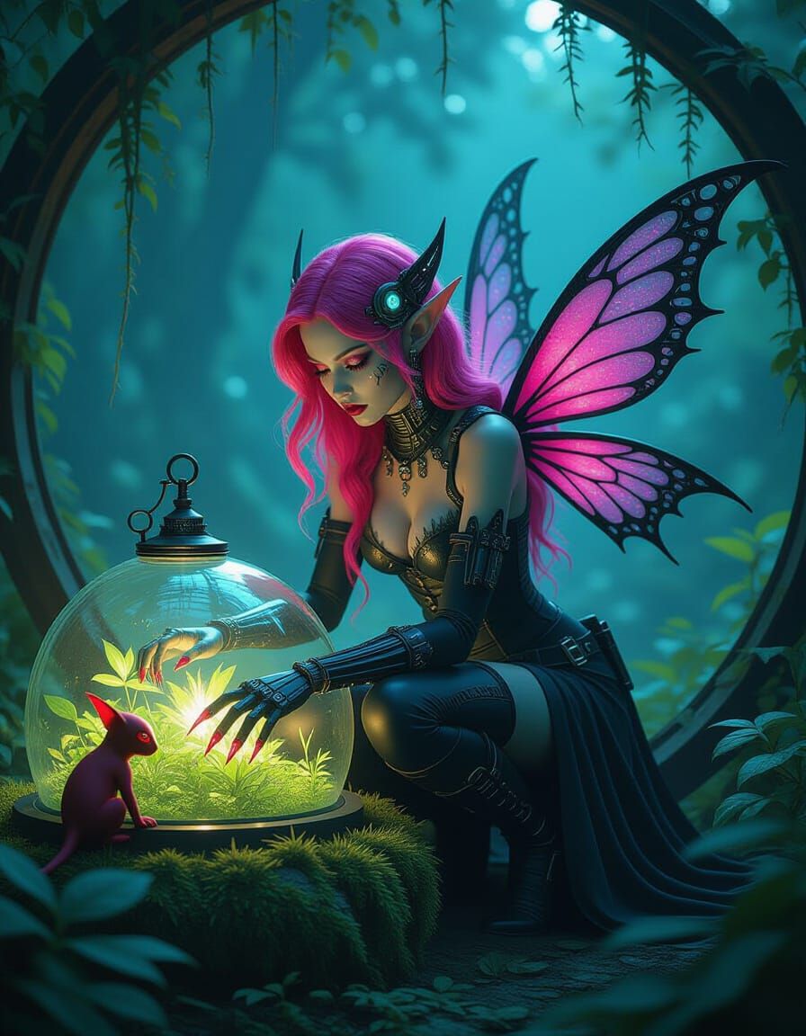 Gothic Cyberpunk Fairy's Bioluminescent Garden