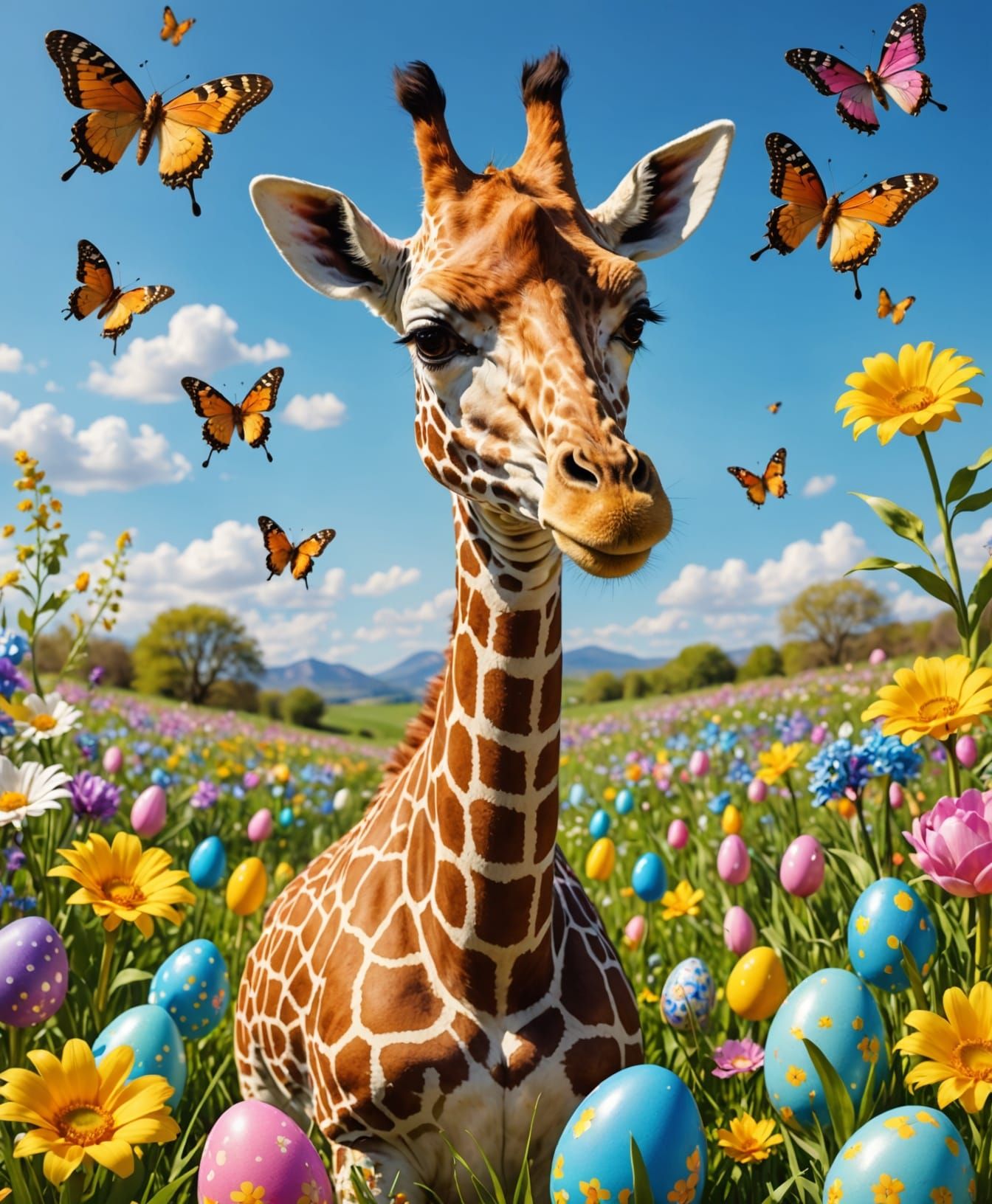 Joyful Easter Giraffe in Vibrant Spring Meadow