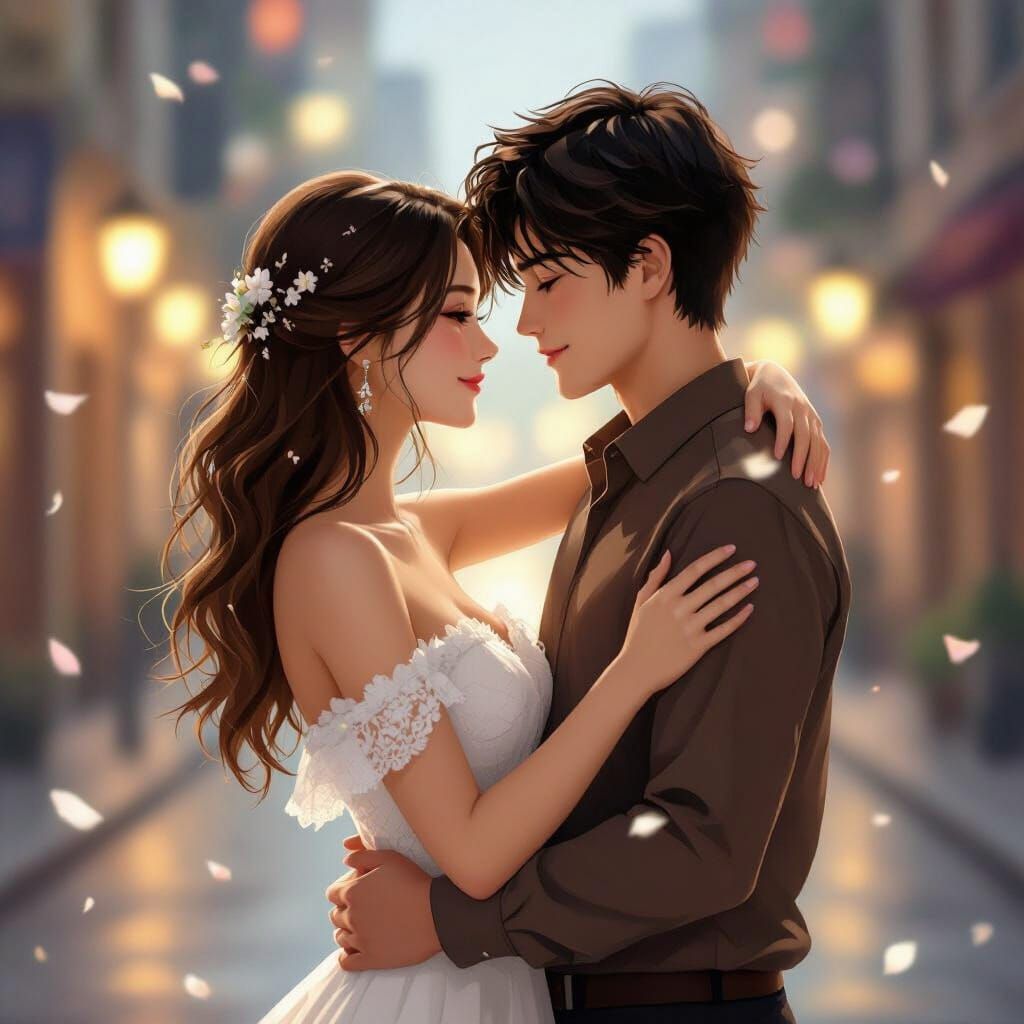 Romantic Anime Couple in Softly Lit Cityscape