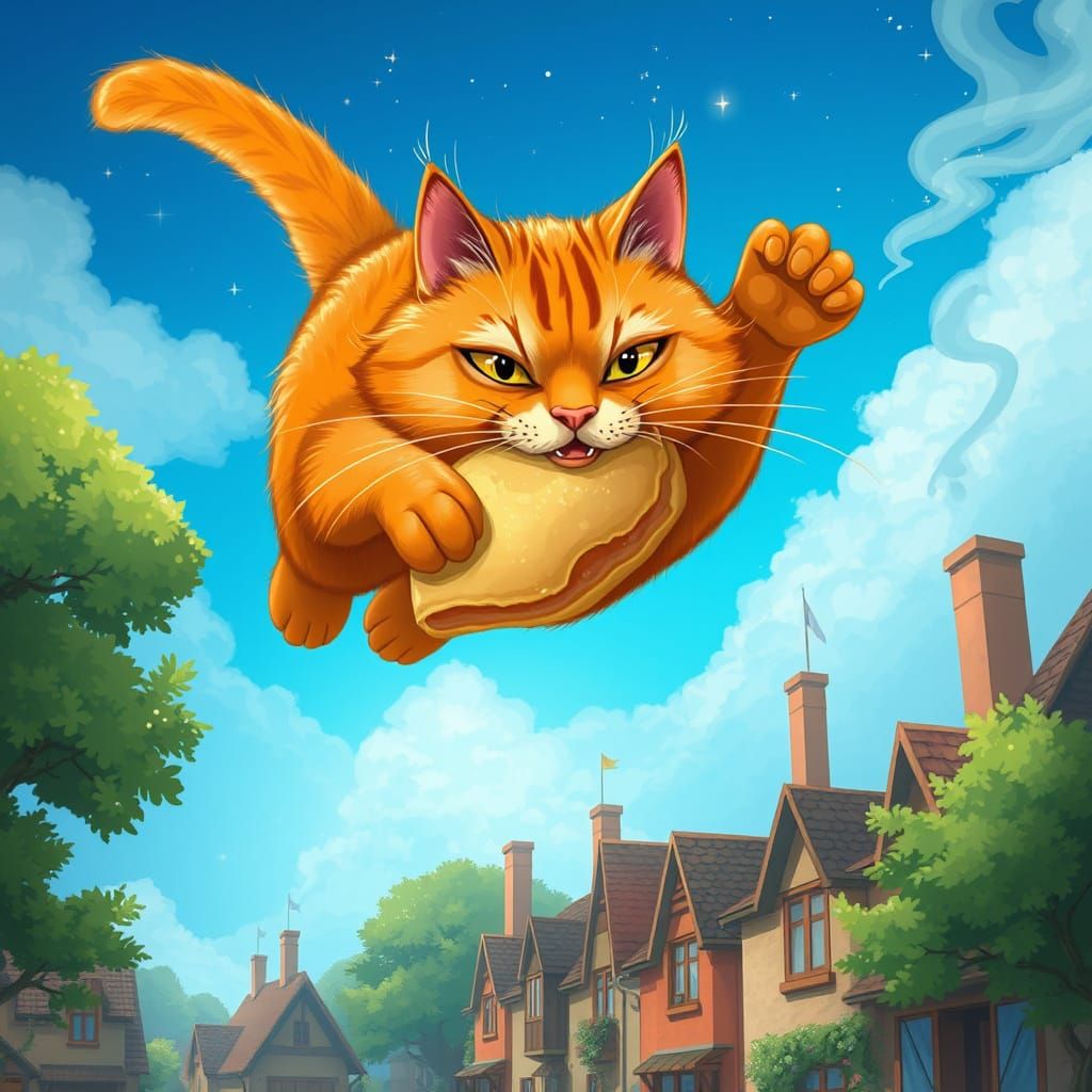 Whimsical Ginger Cat Soars Through Cosmic Skies with Golden ...