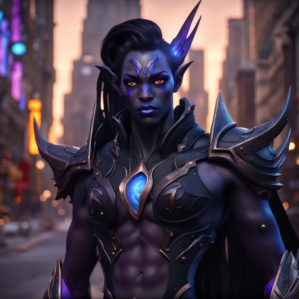 Abyssal Void Elf Portrait on City Street in 8K