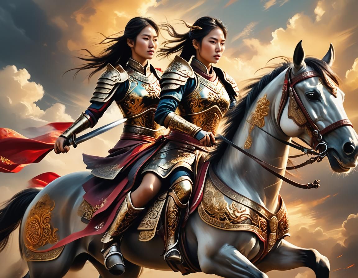 Asian Woman Warrior on Horseback in Hyper-realistic Painting