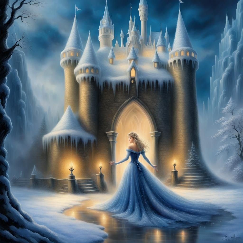 Ice Queen with Powers in Dark Blue Castle