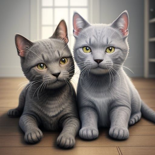 Cozy Digital Pet Portrait of Gray Terrier and Cat