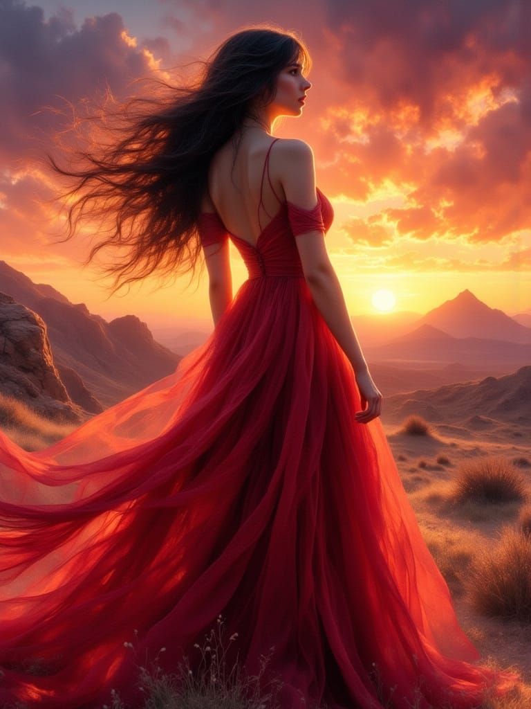 Woman in Red Dress in Sci-Fi Desert Landscape