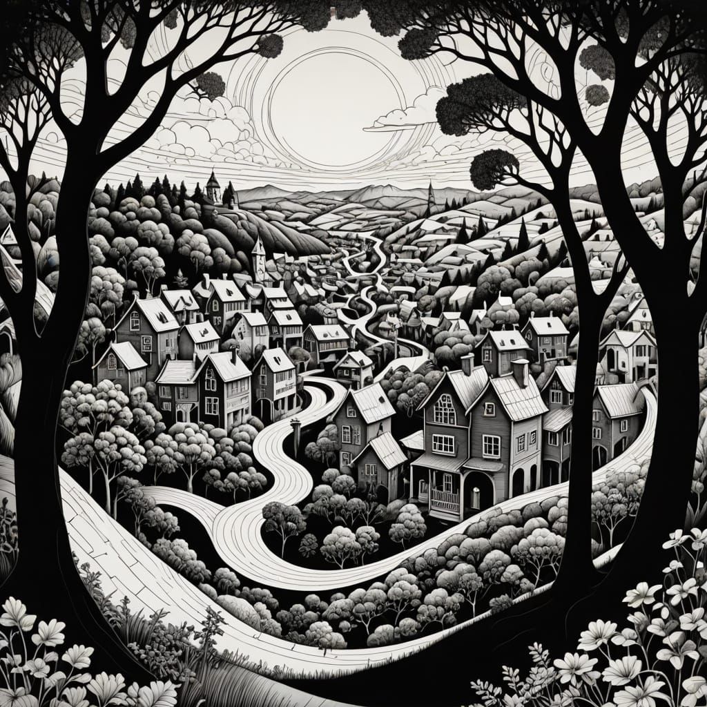 Infinite Moebius Strip Landscape in Whimsical M C Escher Sty...