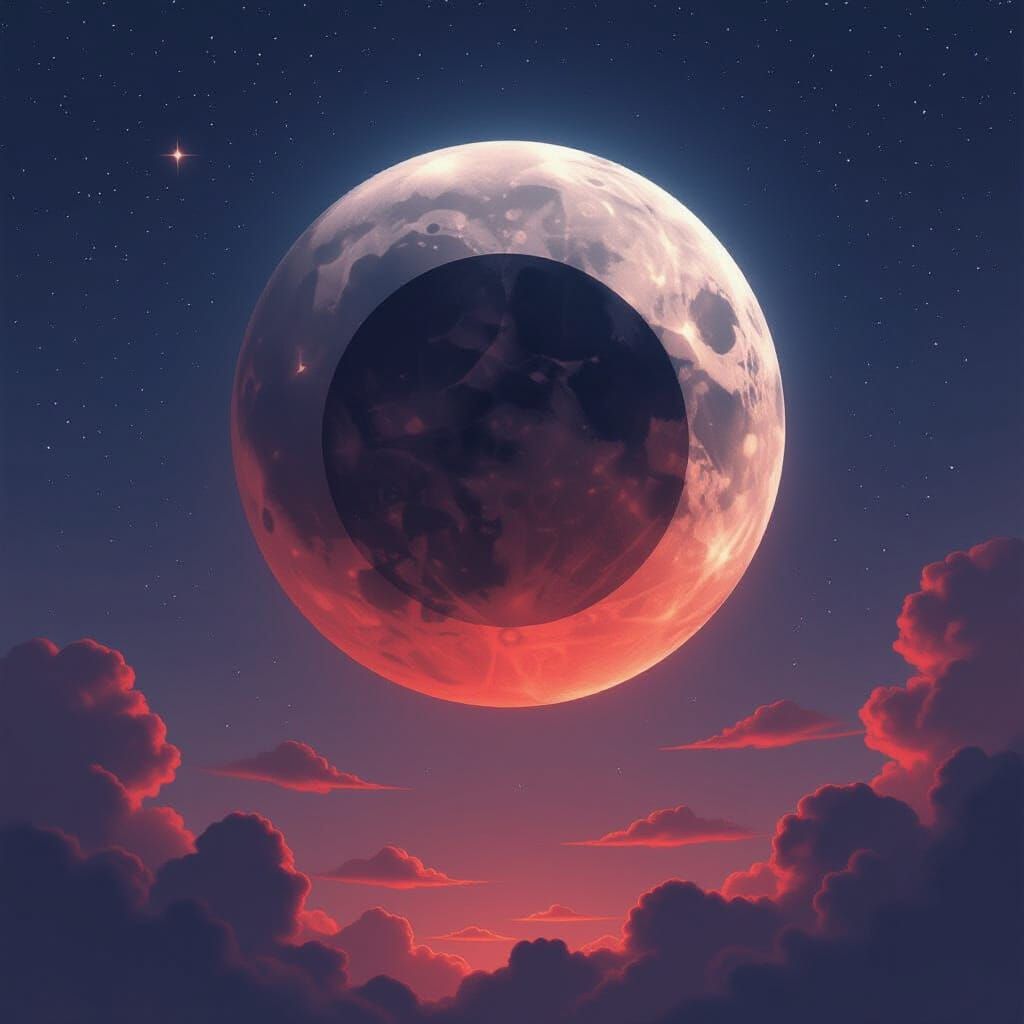 Lunar Eclipse in Indigo and Crimson Sky