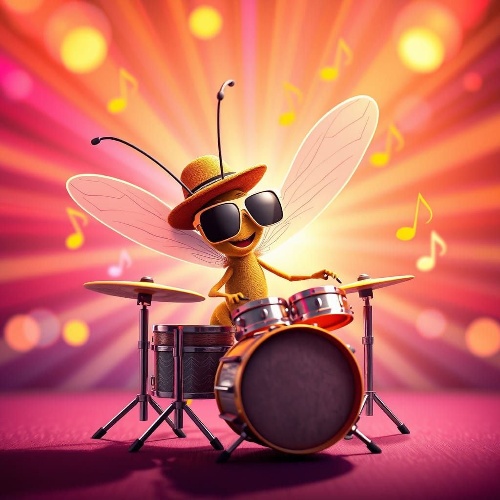 Cartoon Drummer Mosquito in Vibrant Musical Wonderland