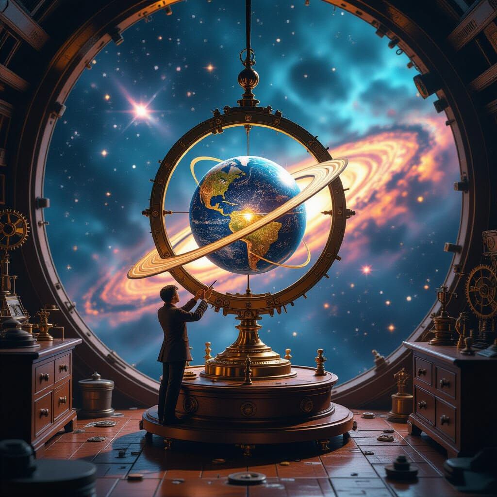 Steampunk Automaton Assembling Clockwork Planet in Space