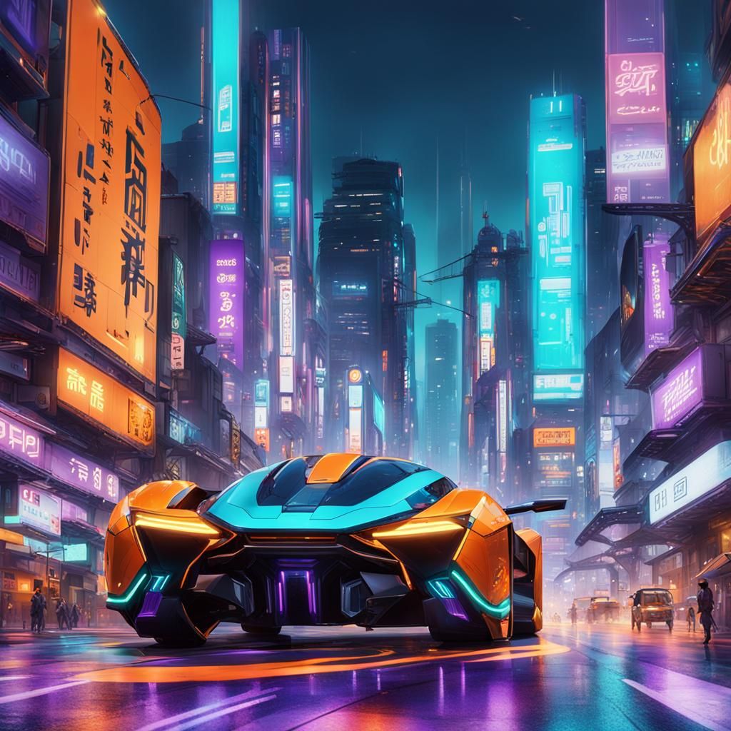 Futuristic Vehicle Speeds Through Neon-Lit Seoul