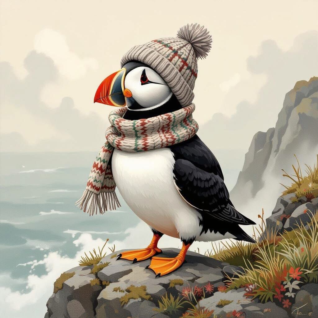 Puffin in Cable Knit Hat, Whimsical Folk Art
