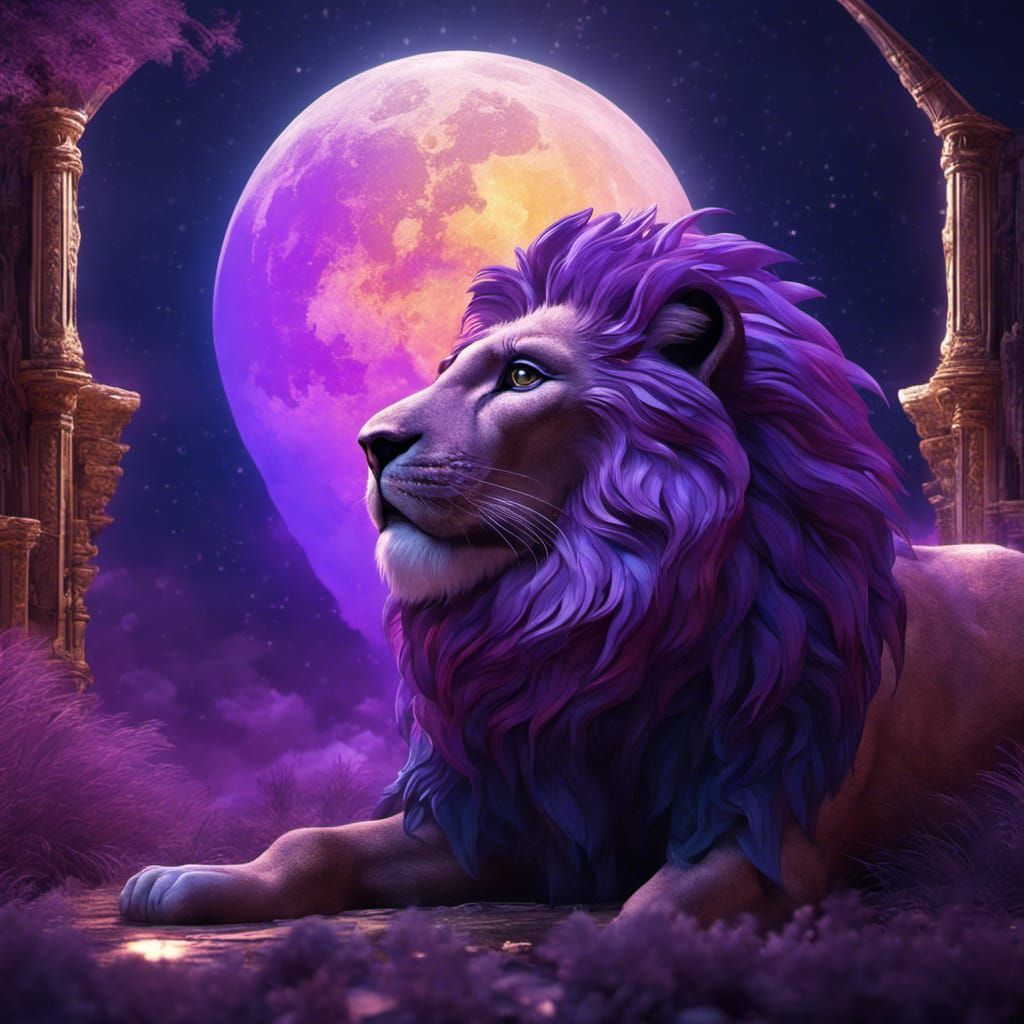 Ornate Purple Lion with Glowing Wings