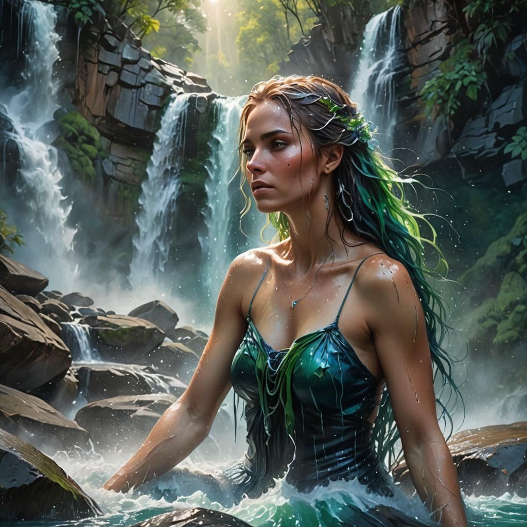 Woman Under Magical Waterfall: Hyperrealistic Splash Art