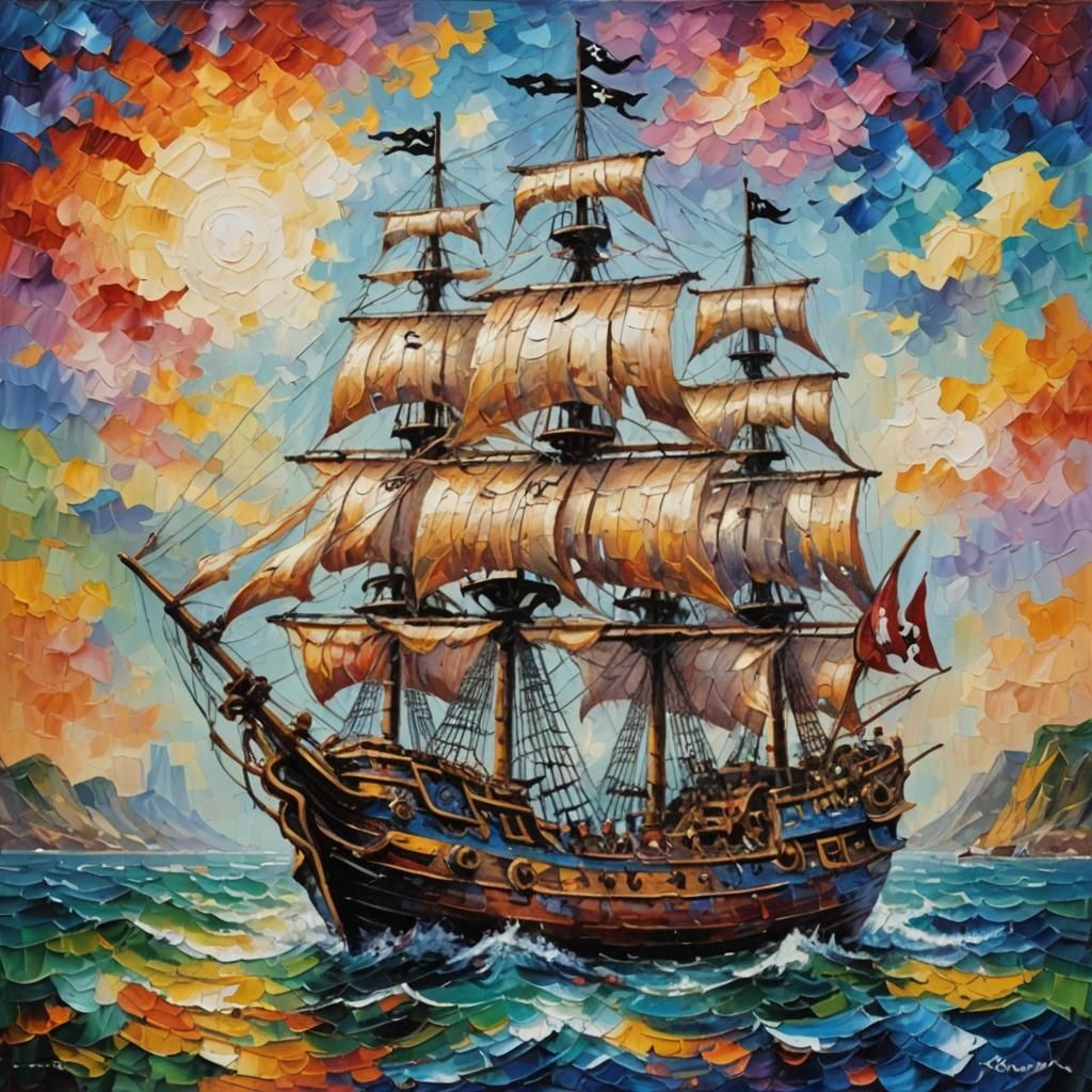 Pirate Ship in Neo-Impressionist Style