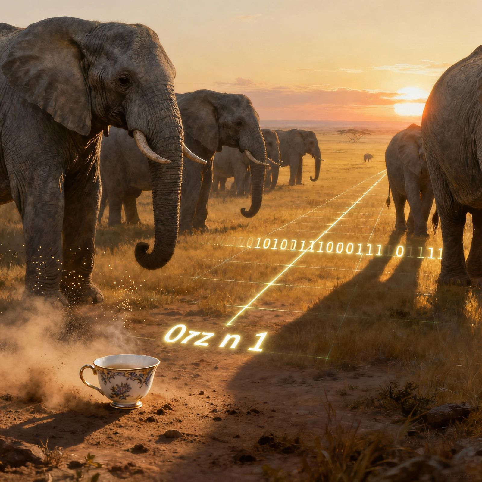 Elephants Gather at Dawn on Savanna with Ornate Teacup