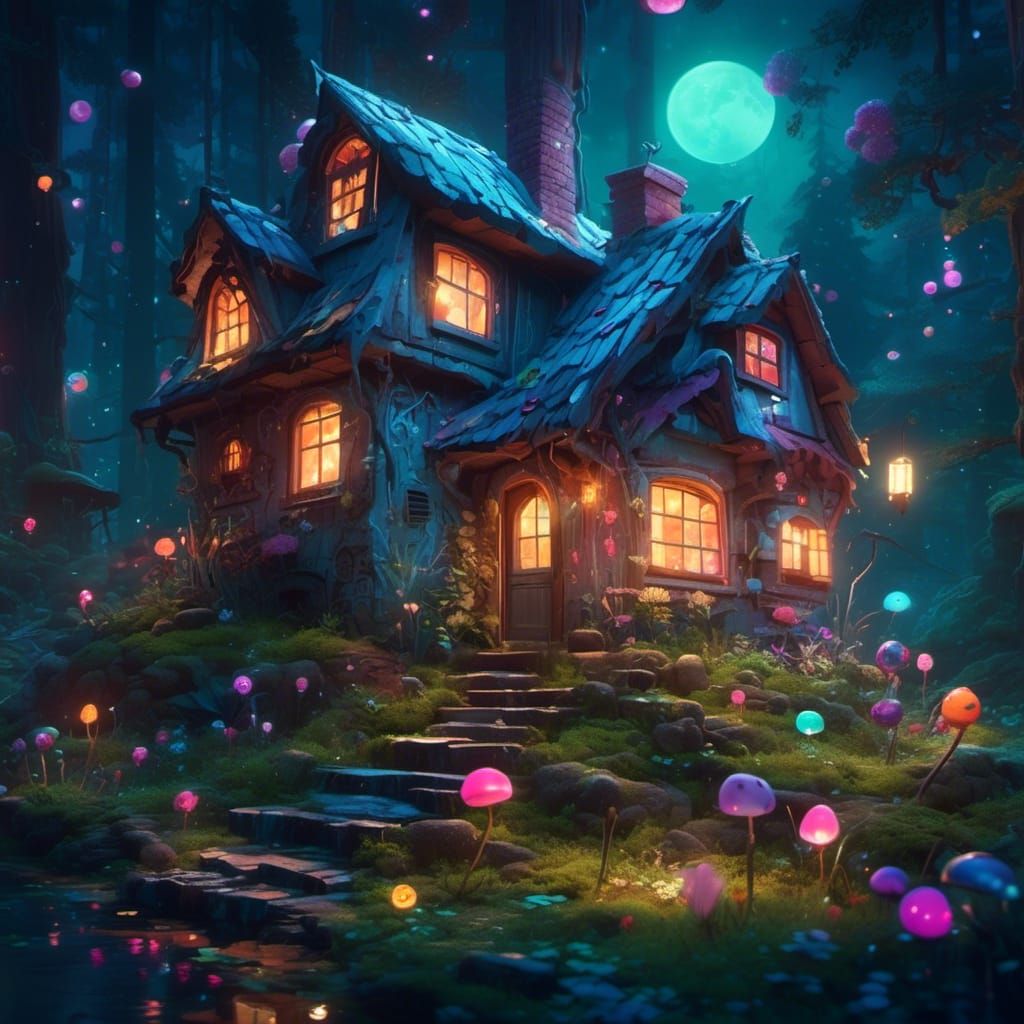 Cute Stump Houses in a Dreamy Forest at Night