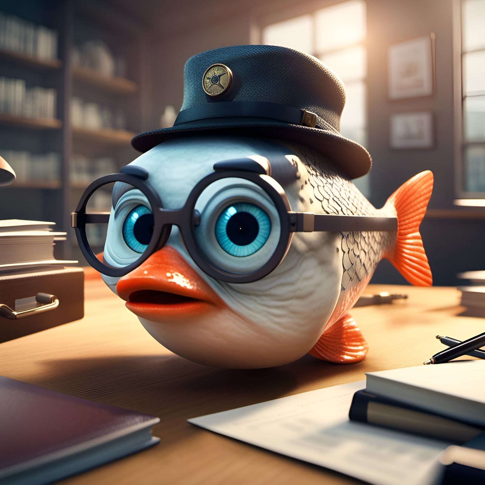 Fish Detective in Office: 3D Pixar-Style Illustration