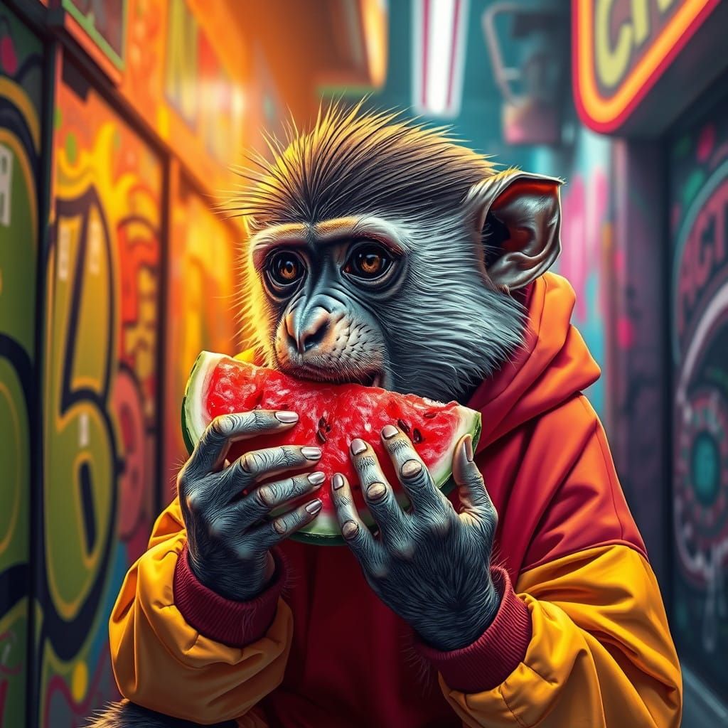 Vibrant Hooded Monkey Devours Watermelon in Urban Landscape