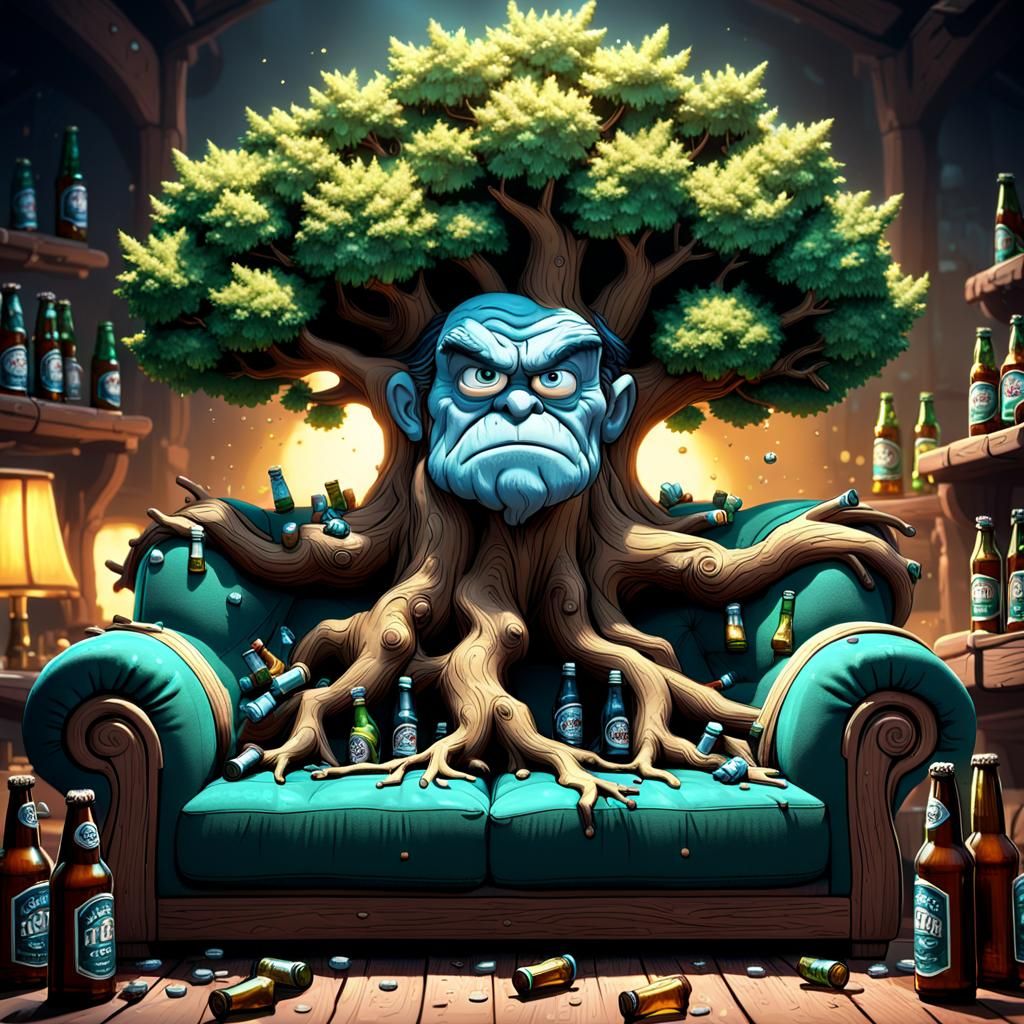 CGI cartoon grumpy tree on couch, surrounded by empty beer bottles