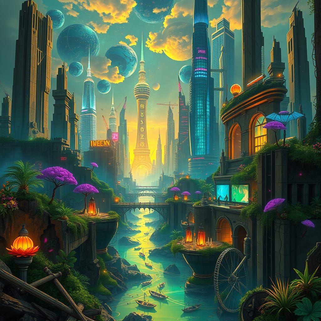 Futuristic Cityscape Reborn from Ruins with AI and Nature
