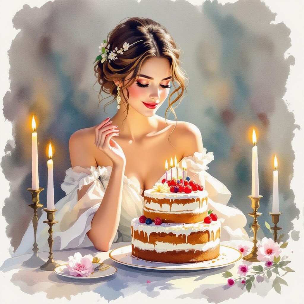 Elegant Lady's Candlelit Birthday in Watercolor Style
