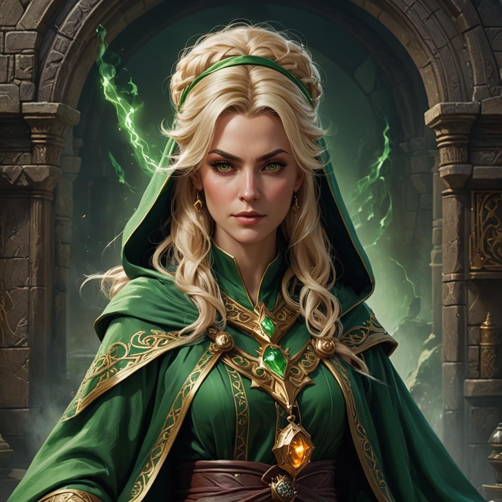 Fantasy Portrait of a Blonde Sorceress in Green Robe