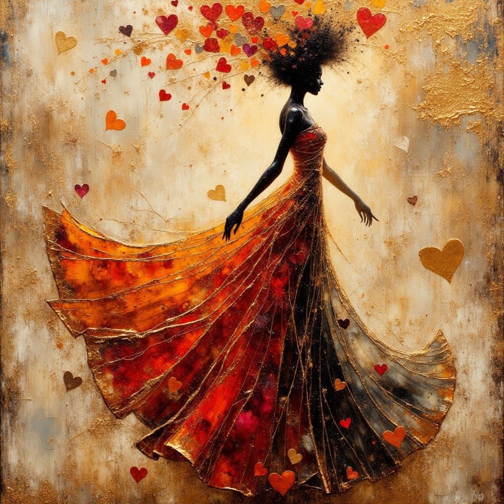 African Princess Silhouette with Hearts in Impasto Style